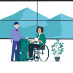 Illustration de deux personnes au travail. Une personne est debout et l’autre est assise dans un fauteuil roulant.