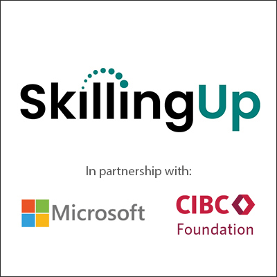 Logos of SkillingUp in partnership with Microsoft and CIBC Foundation